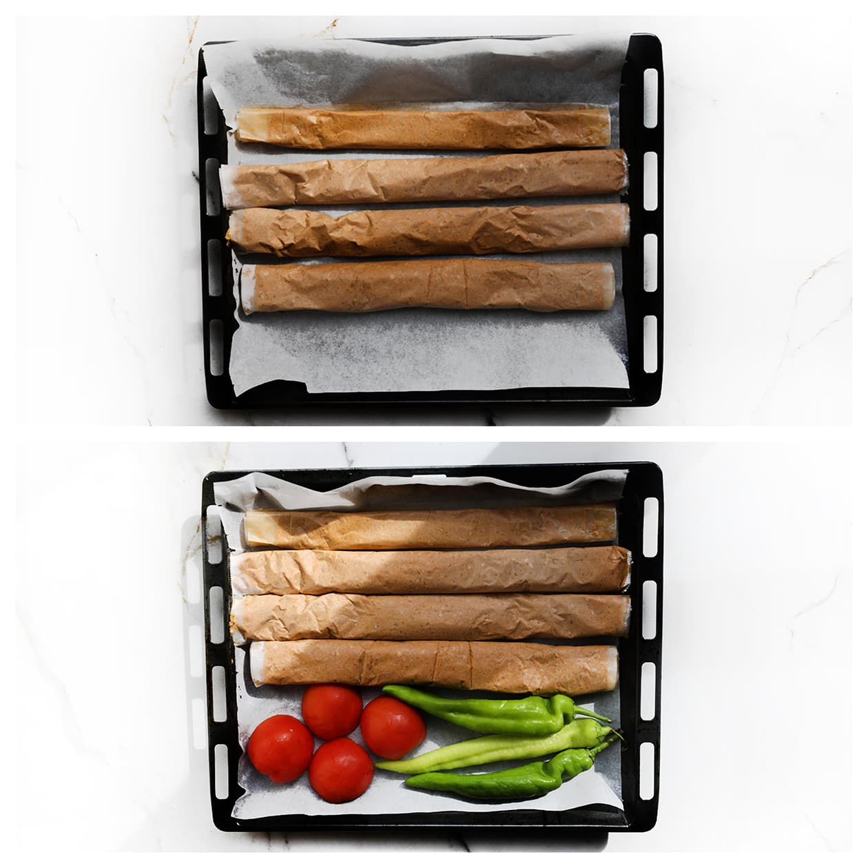 Opgerold gehakt met tomaten en groene pepers op een bakplaat