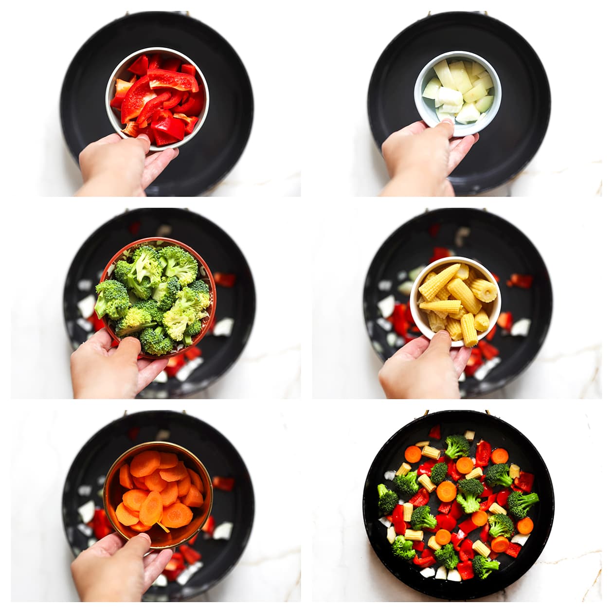 Paprika, ui, broccoli, babymaïs en wortel wokken