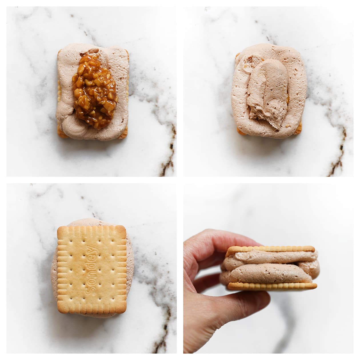 Theebiscuit gevuld met chocoladeroom en pinda karamel