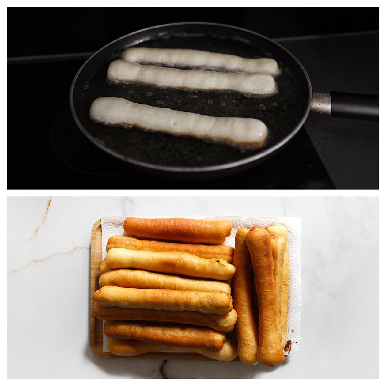 Long donuts worden goudbruin gebakken in hete olie