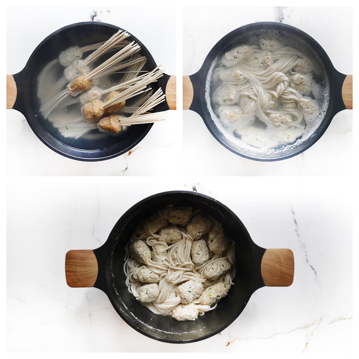 Noedels met kipgehakt koken in een pan met water