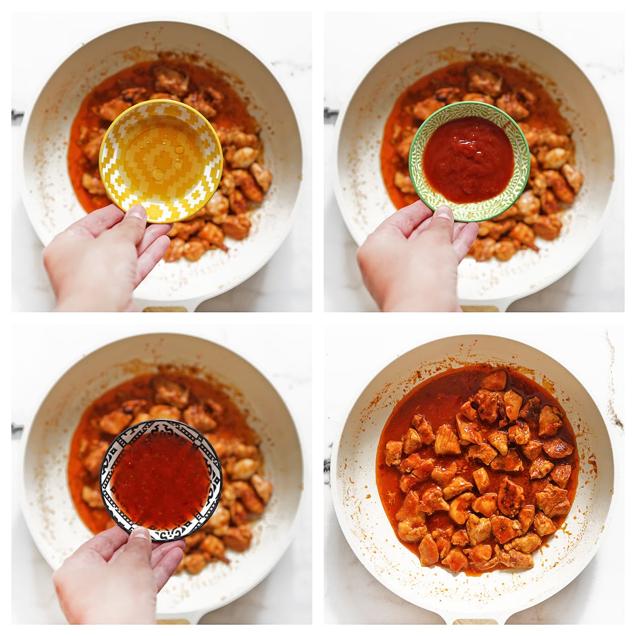 Kruidige kip met hot sauce, sweet chilisaus en honing