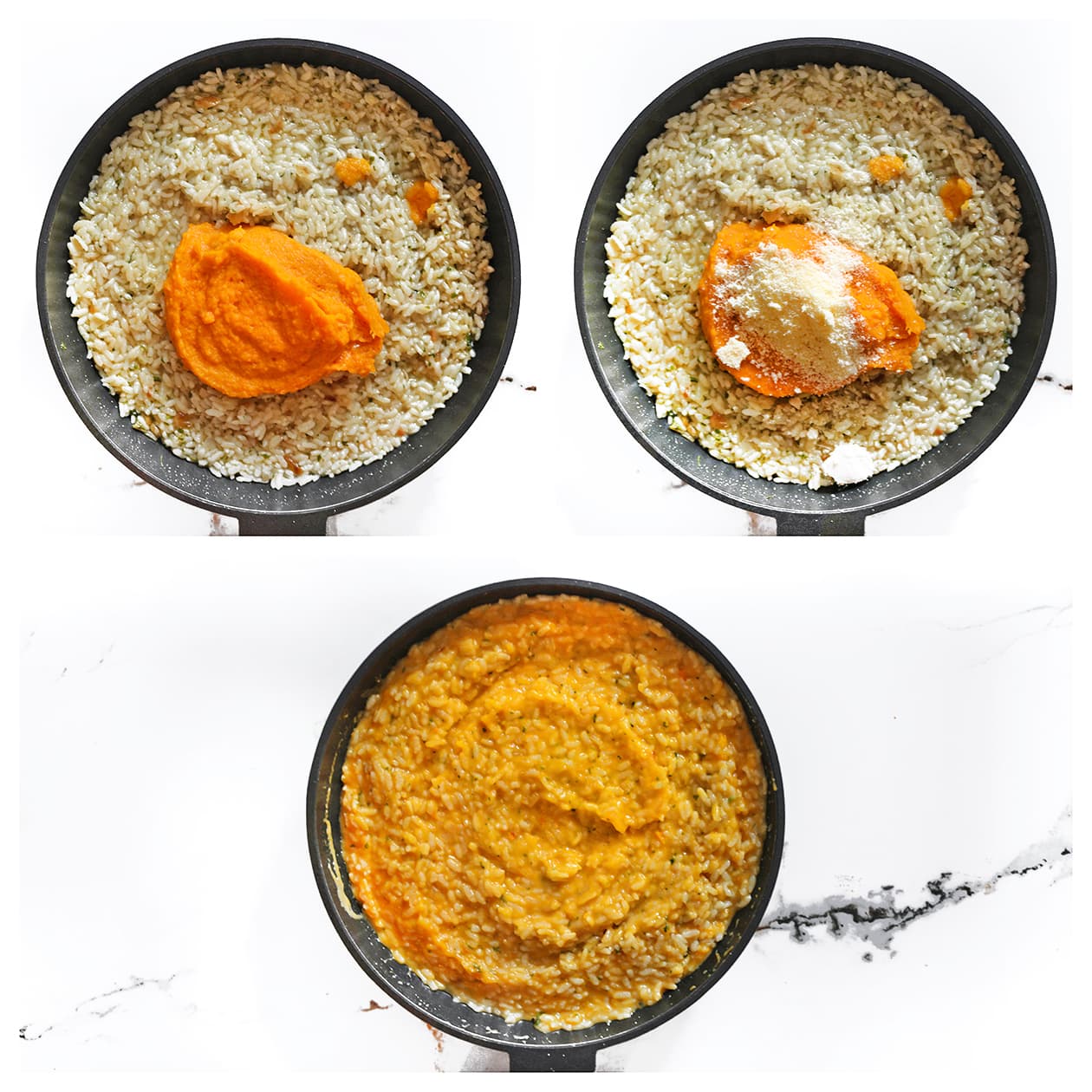 Pompoenpuree en Parmezaanse kaas toevoegen aan risotto