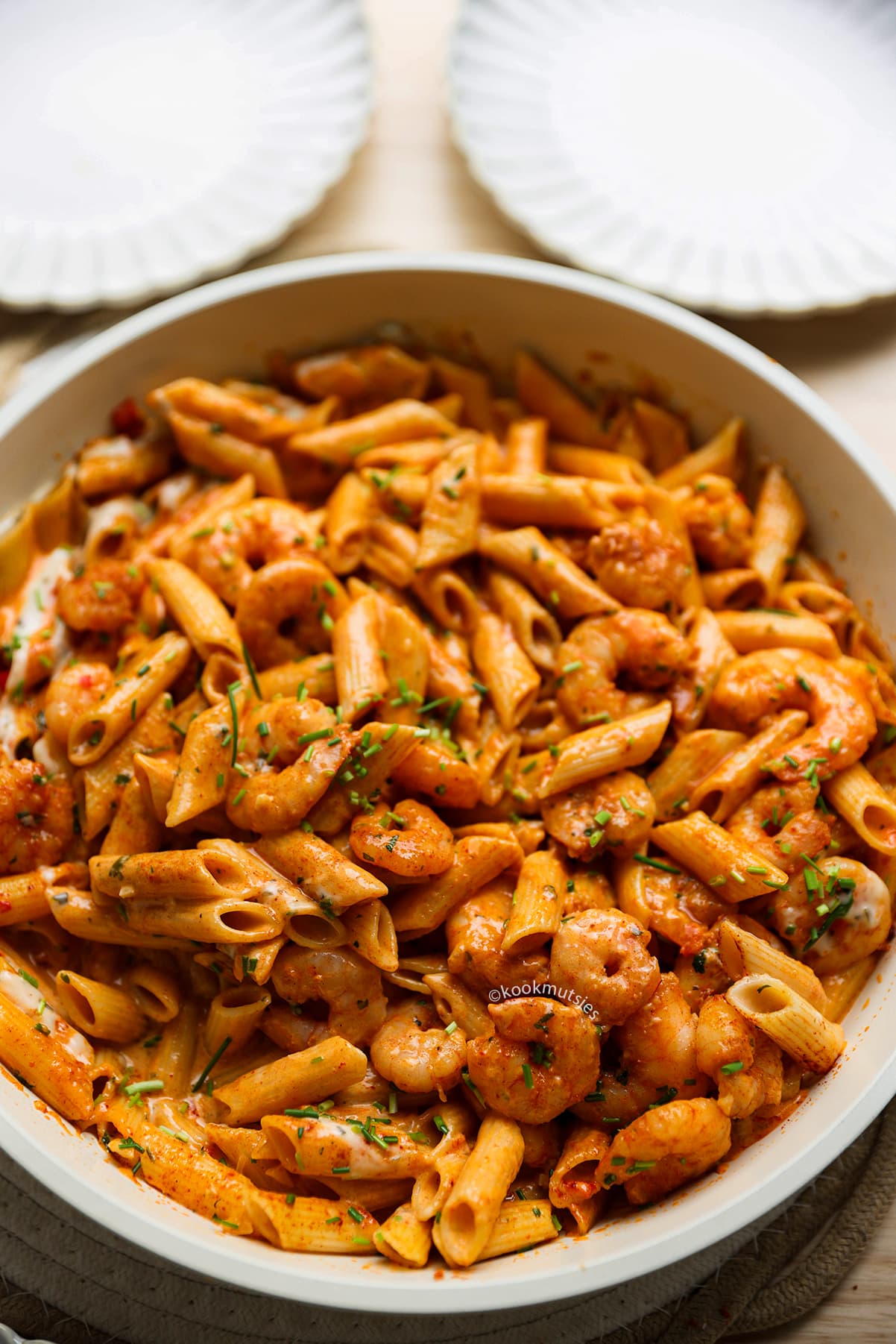 Romige penne met garnalen en Cajun kruiden