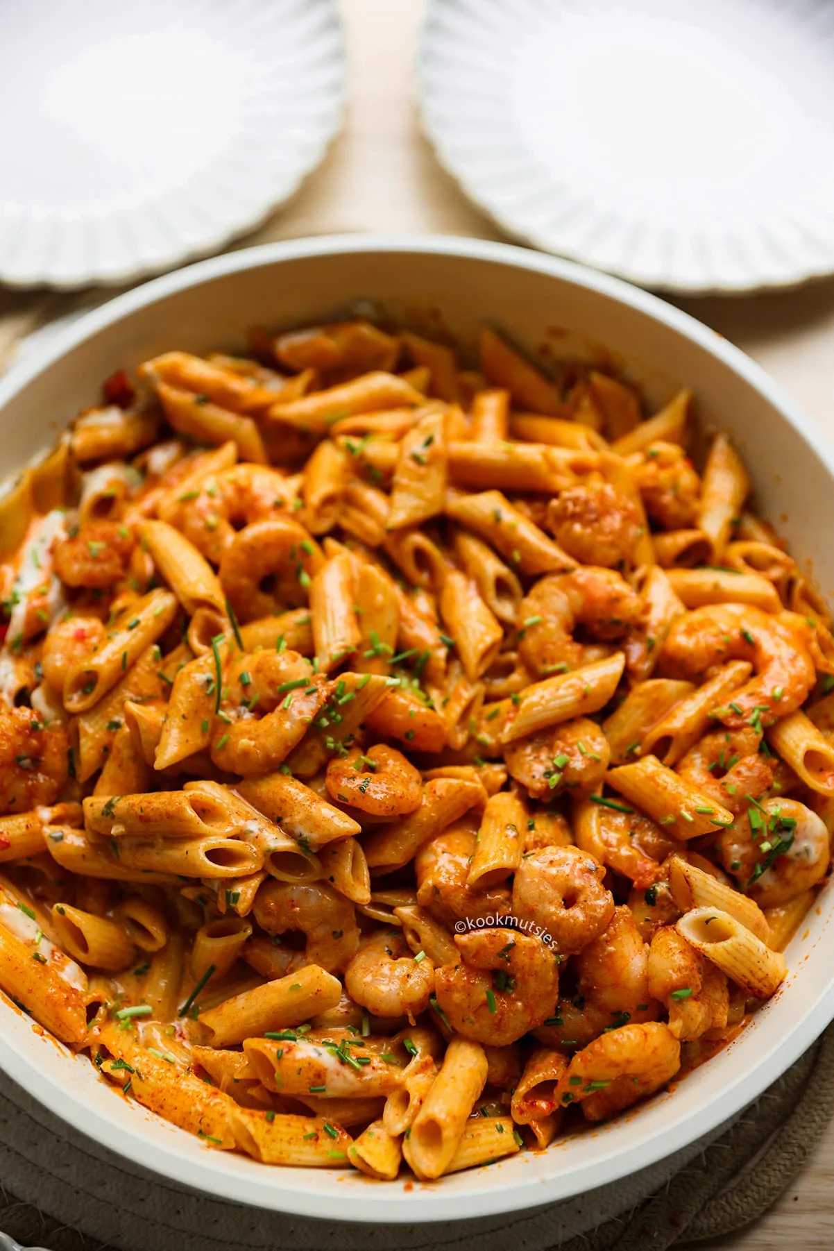 Romige penne met garnalen en Cajun kruiden