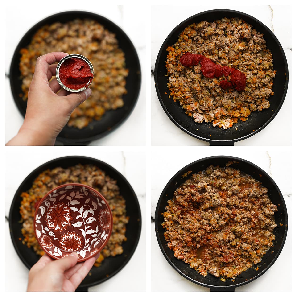 Tomatenpuree toevoegen aan rundergehakt voor bolognesesaus
