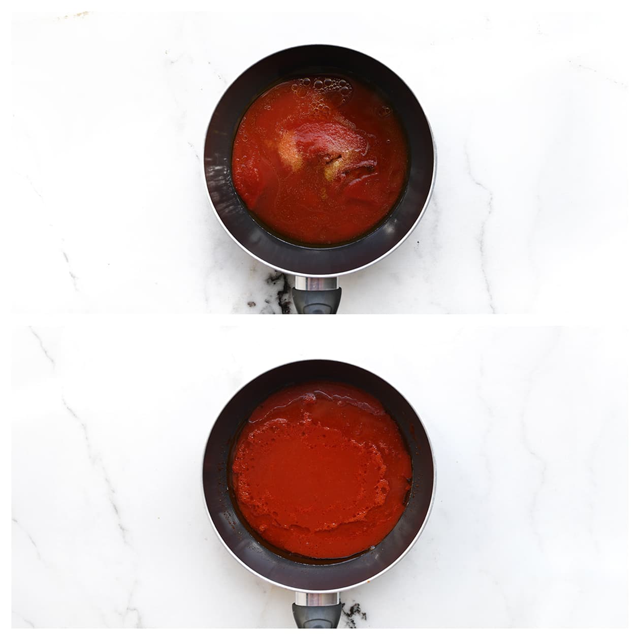 Tomatensaus bereiden met gezeefde tomaten, knoflookpoeder en zout