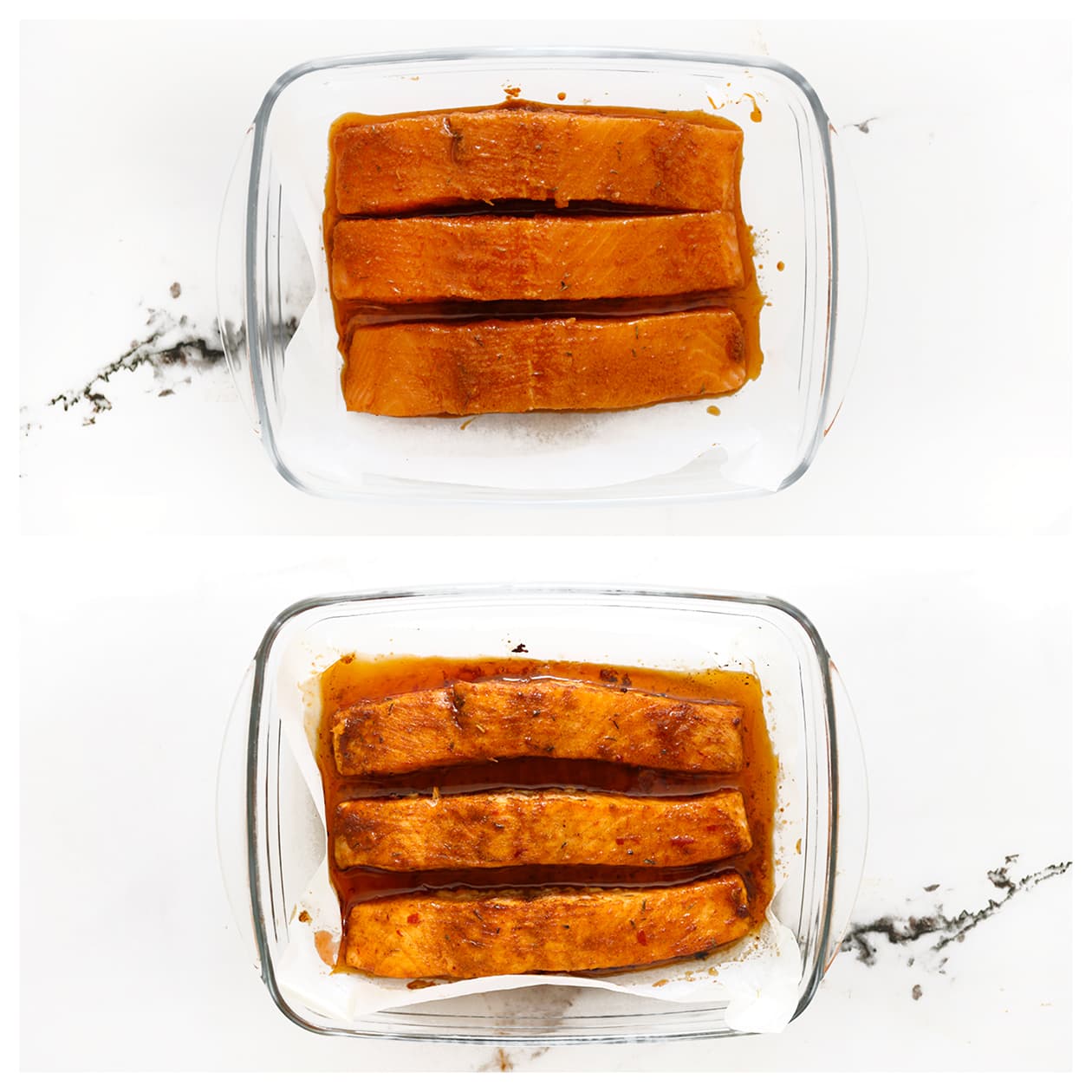 Gekruide zalm op bakpapier klaar voor de oven