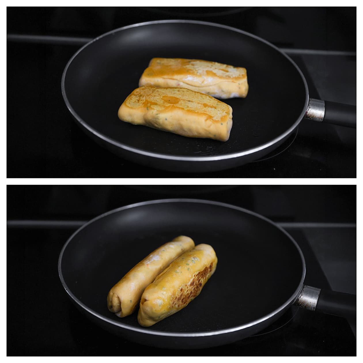 Gevulde zoete aardappel broodjes goudbruin bakken in de pan