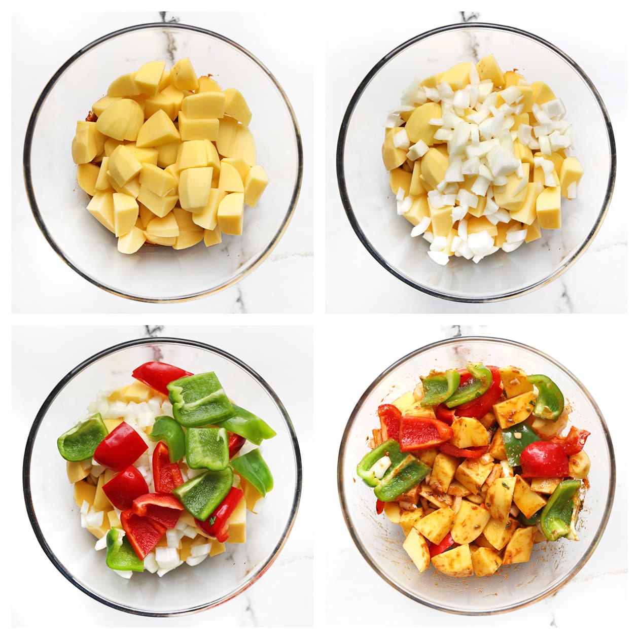 Aardappelpartjes, paprika en ui gemengd met kruidige saus