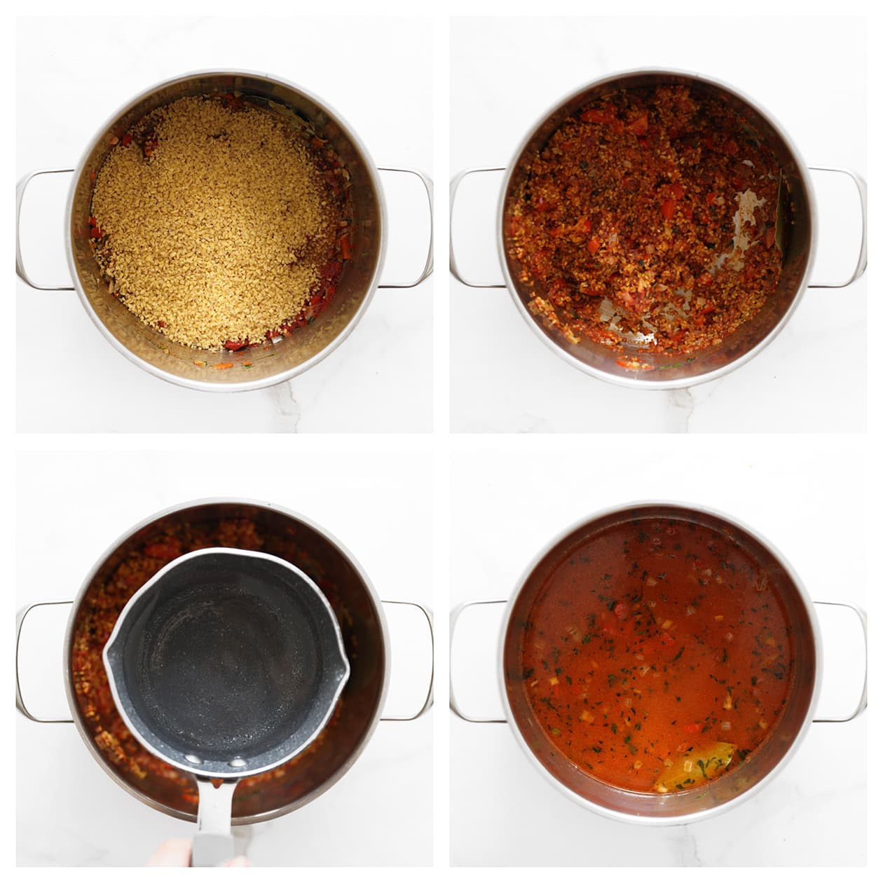 Bulgur toevoegen aan het mengsel van tomatenpuree en paprika