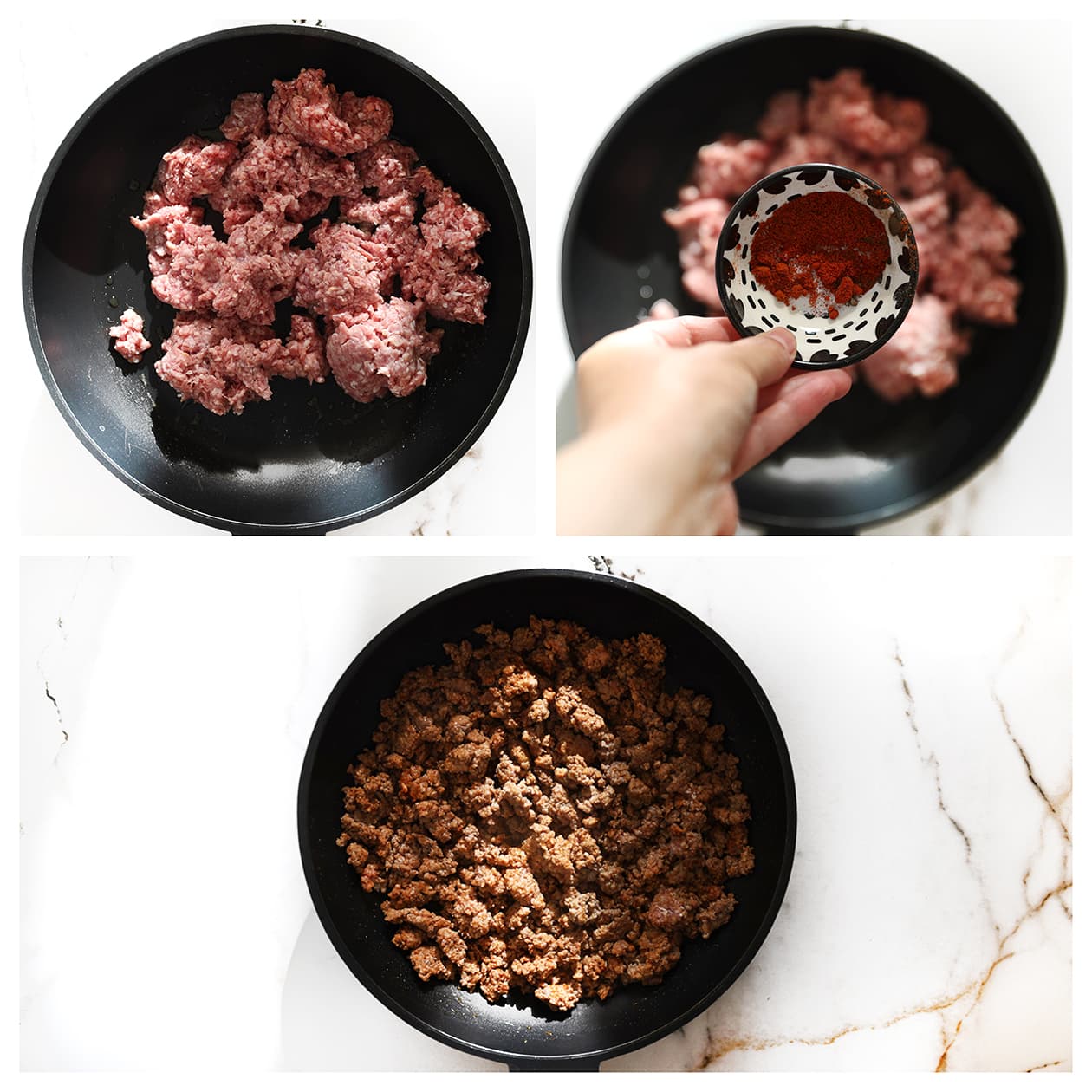 Gekruid gehakt wordt gebakken voor de Sloppy Joe vulling