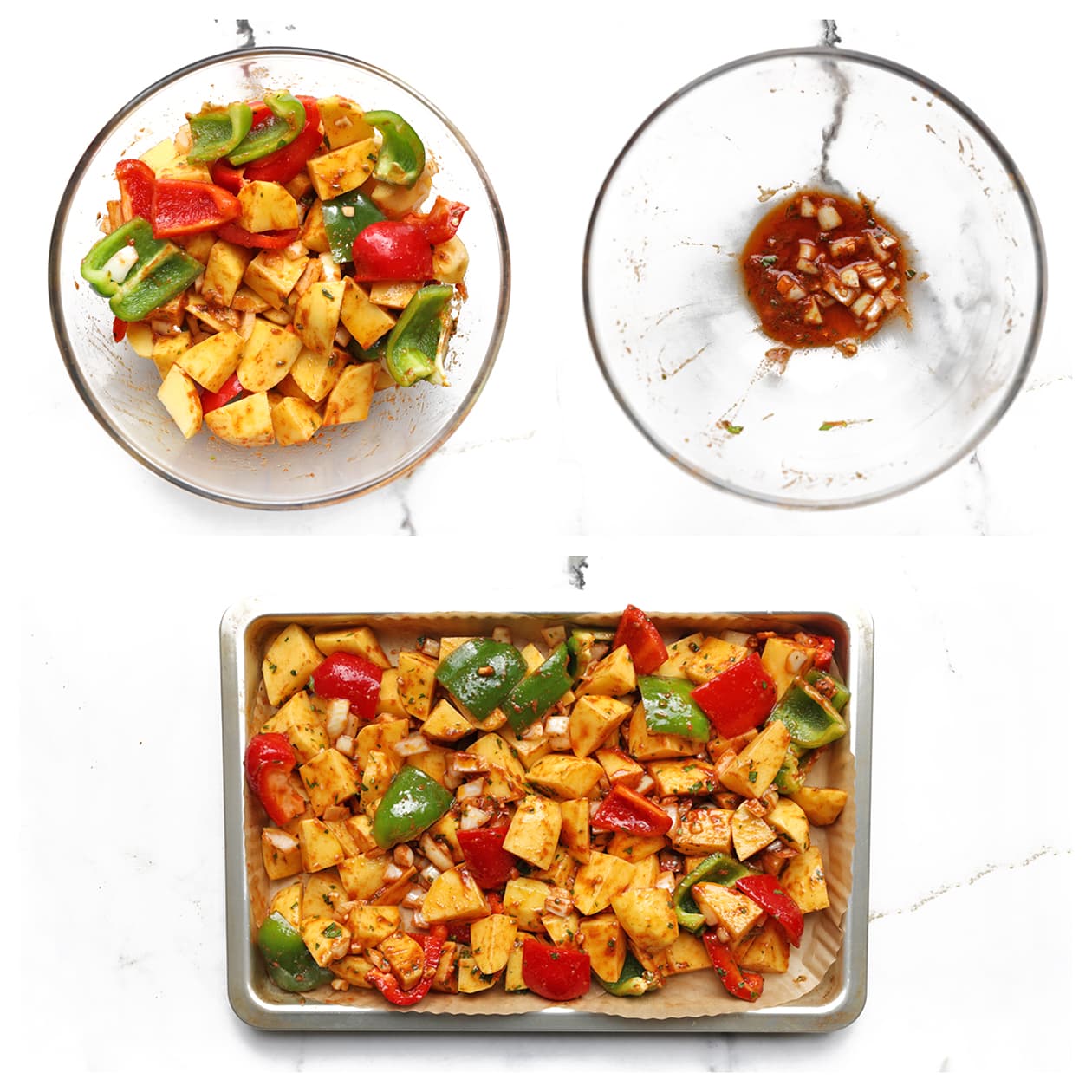 Aardappelpartjes, paprika en ui verdeeld over een ovenschaal