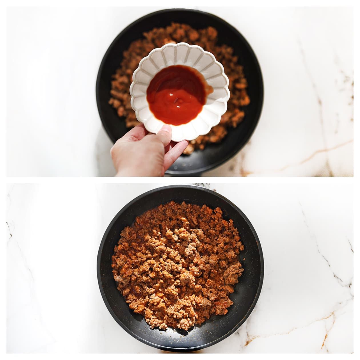 Ketchup wordt gemengd met gekruid gehakt voor Sloppy Joe