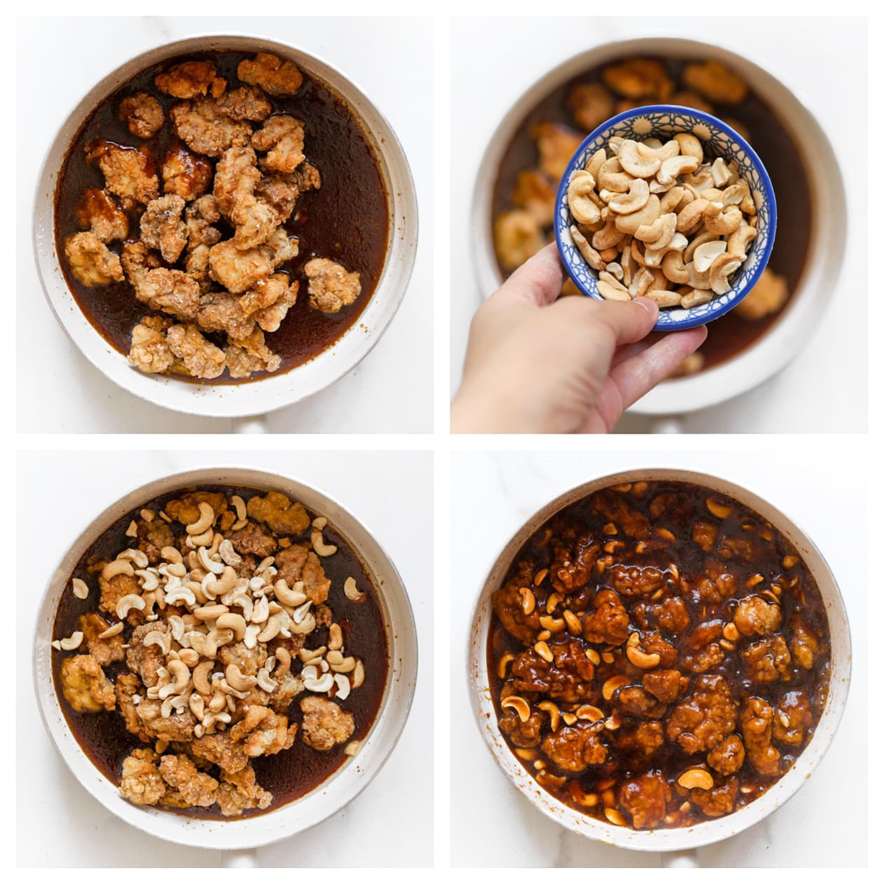 Gebakken kip en cashewnoten mengen met de sticky saus