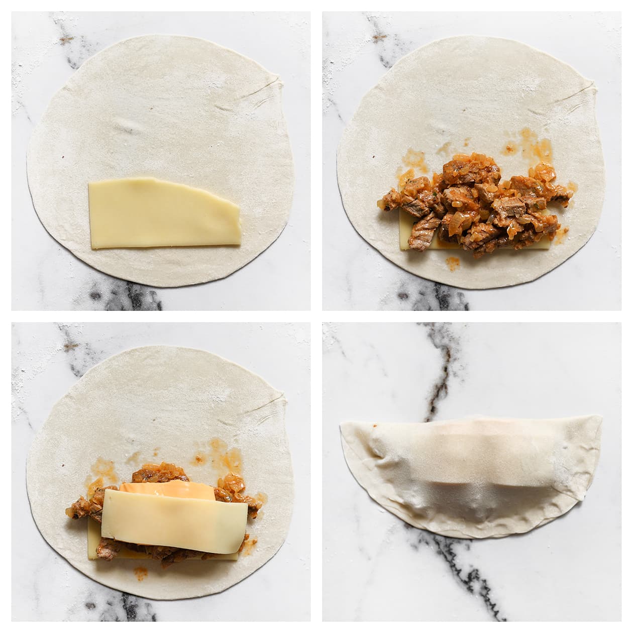 Kaas en rundvlees op uitgerold deeg voor flatbread. Philly cheesesteak flatbread dichtvouwen met rundvlees en kaas