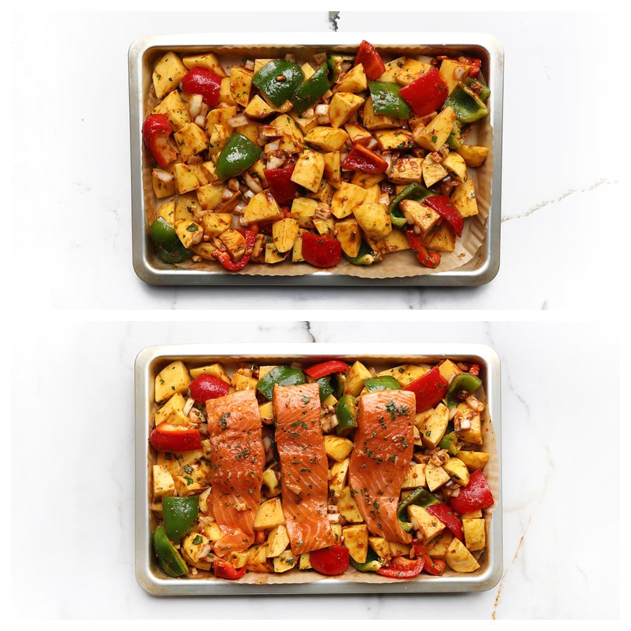 Zalmfilet bovenop aardappelpartjes en paprika in ovenschaal