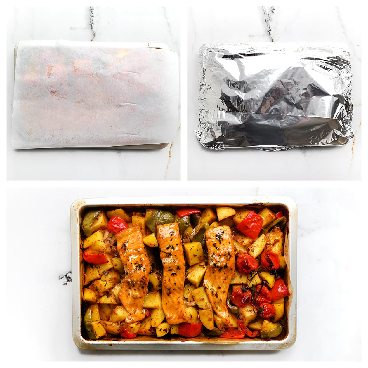 Afgedekte ovenschaal met zalm, aardappelpartjes en paprika