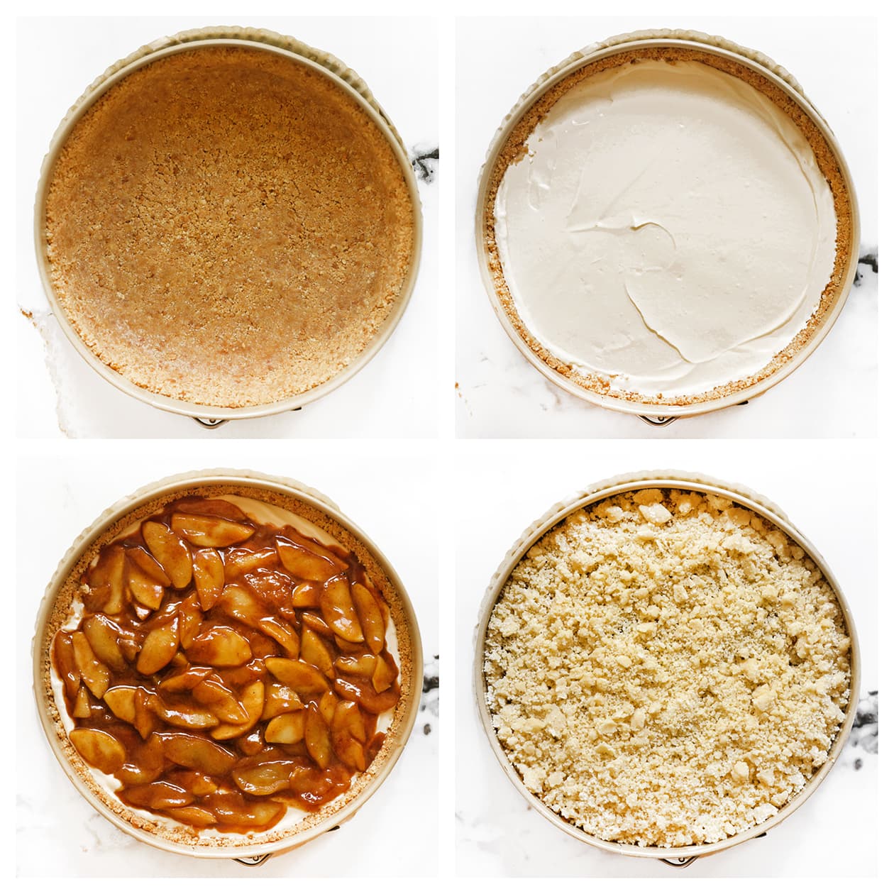 Cheesecakevulling en gebakken appels op koekjesbodem