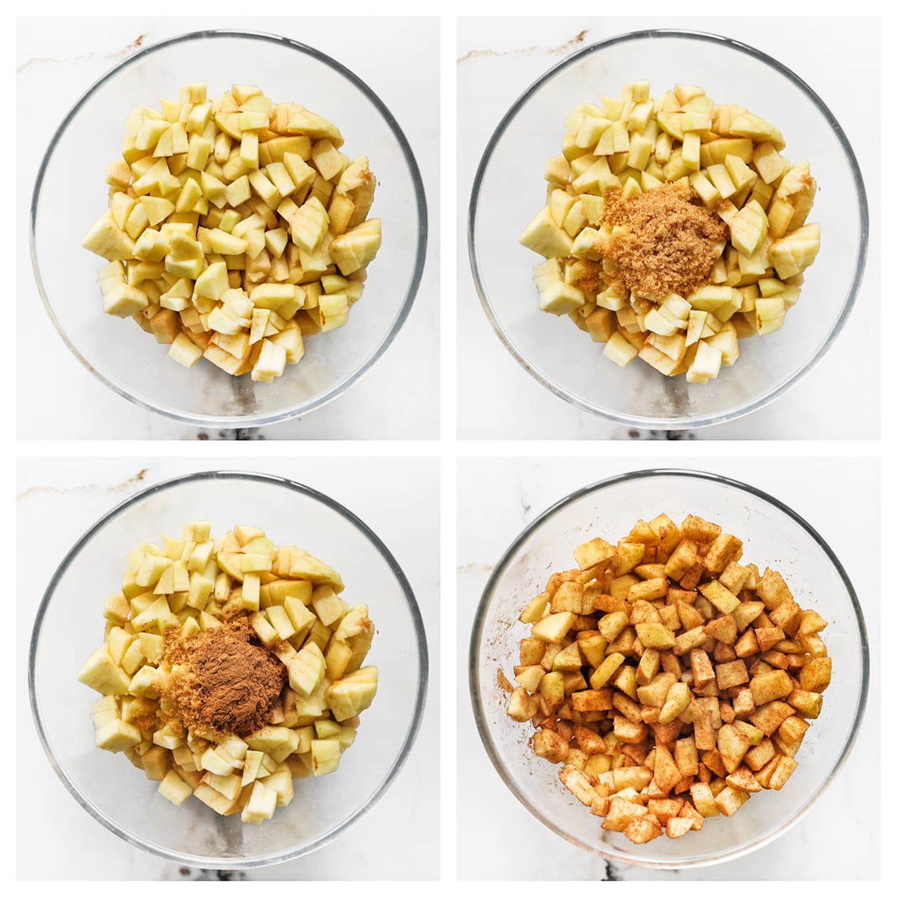Appelblokjes mengen met bruine basterdsuiker en kaneel voor appelkruimeltaart