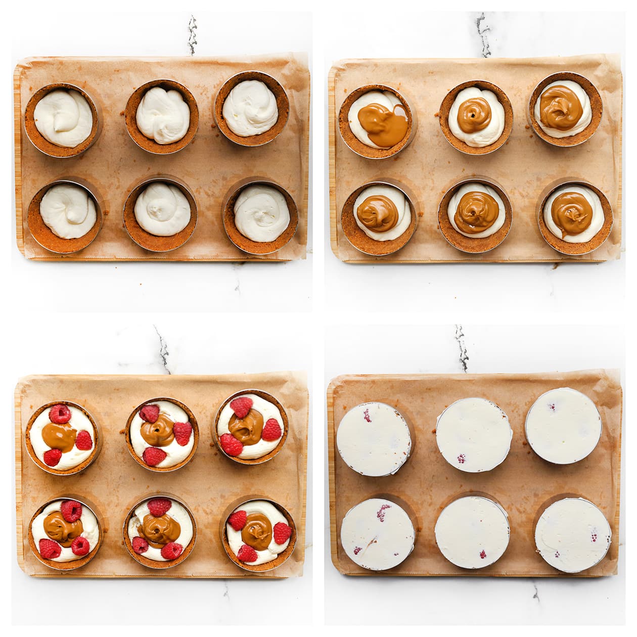 Verse frambozen op de Biscoffvulling met een tweede laag mascarponeroom in mini cheesecakes.