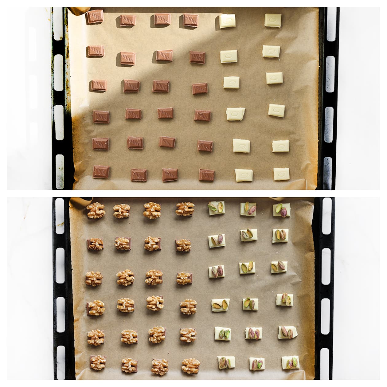 Chocoladeblokjes op bakpapier met walnoten, pistachenoten en hazelnoten als topping.