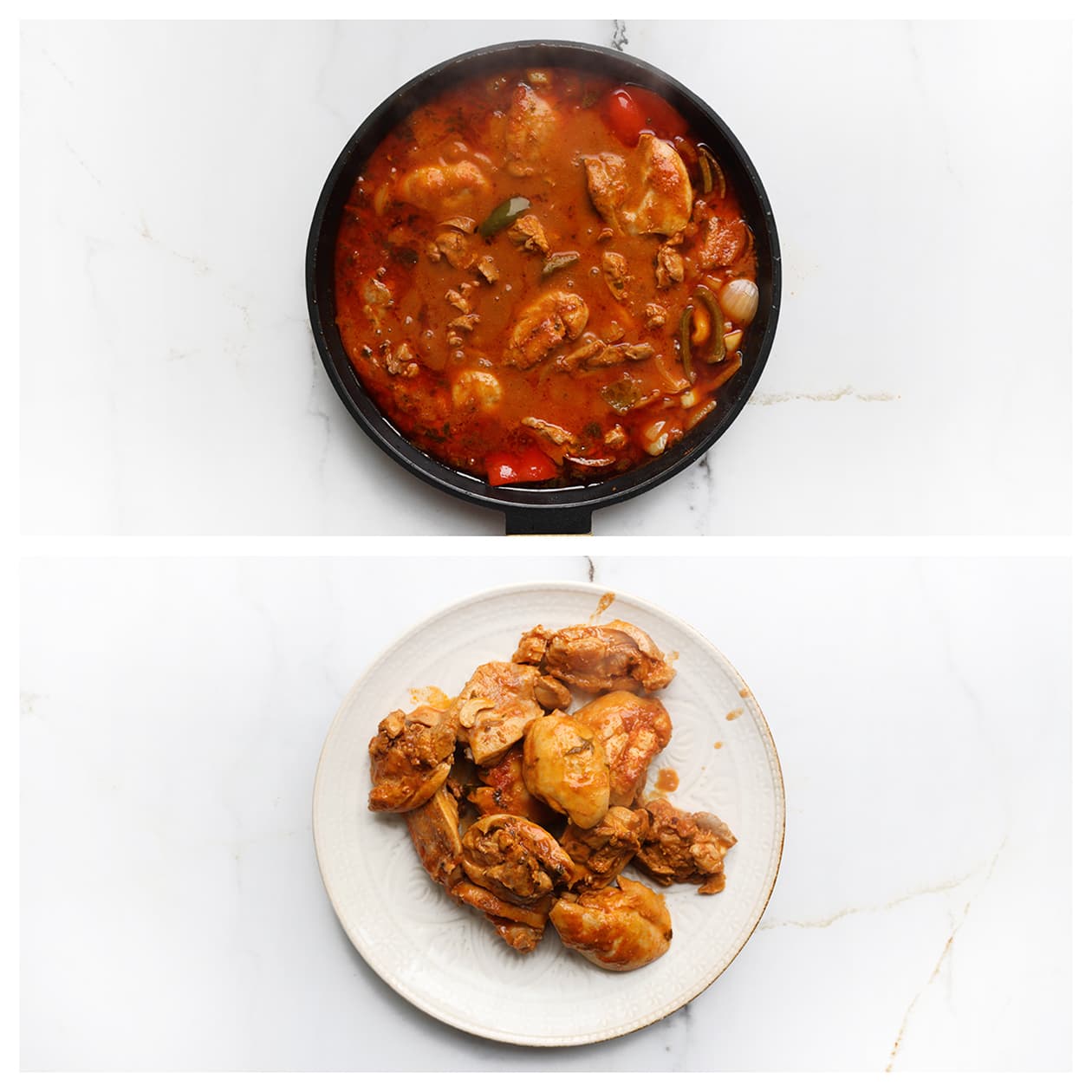 Gegaarde kippendijen worden uit de kruidige saus gehaald voor kip kabsa