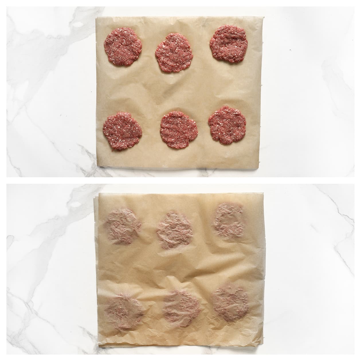 Rundergehakt tussen bakpapier platgedrukt voor smashburgers