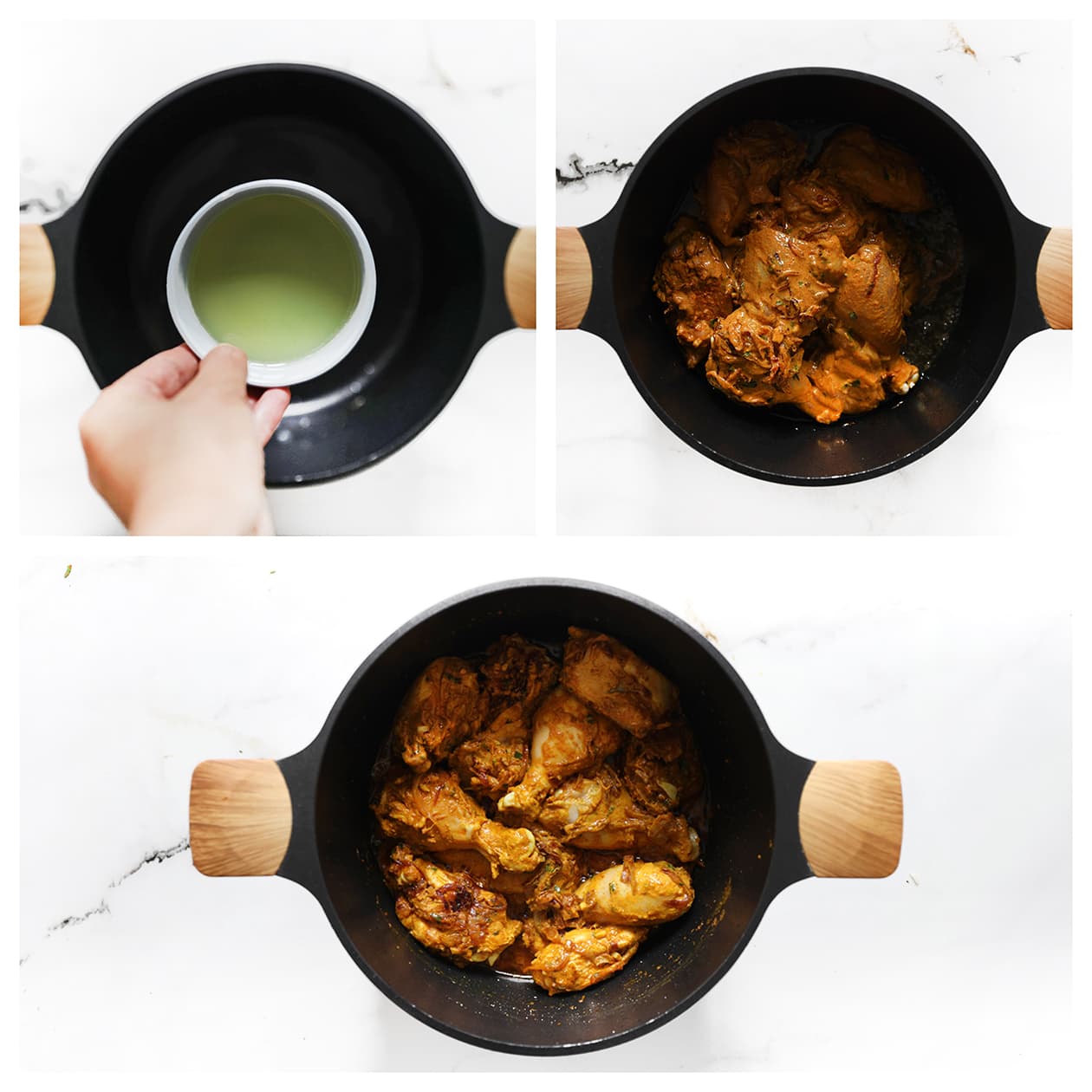 Gemarineerde kip bakken in een pan met kruiden voor biryani