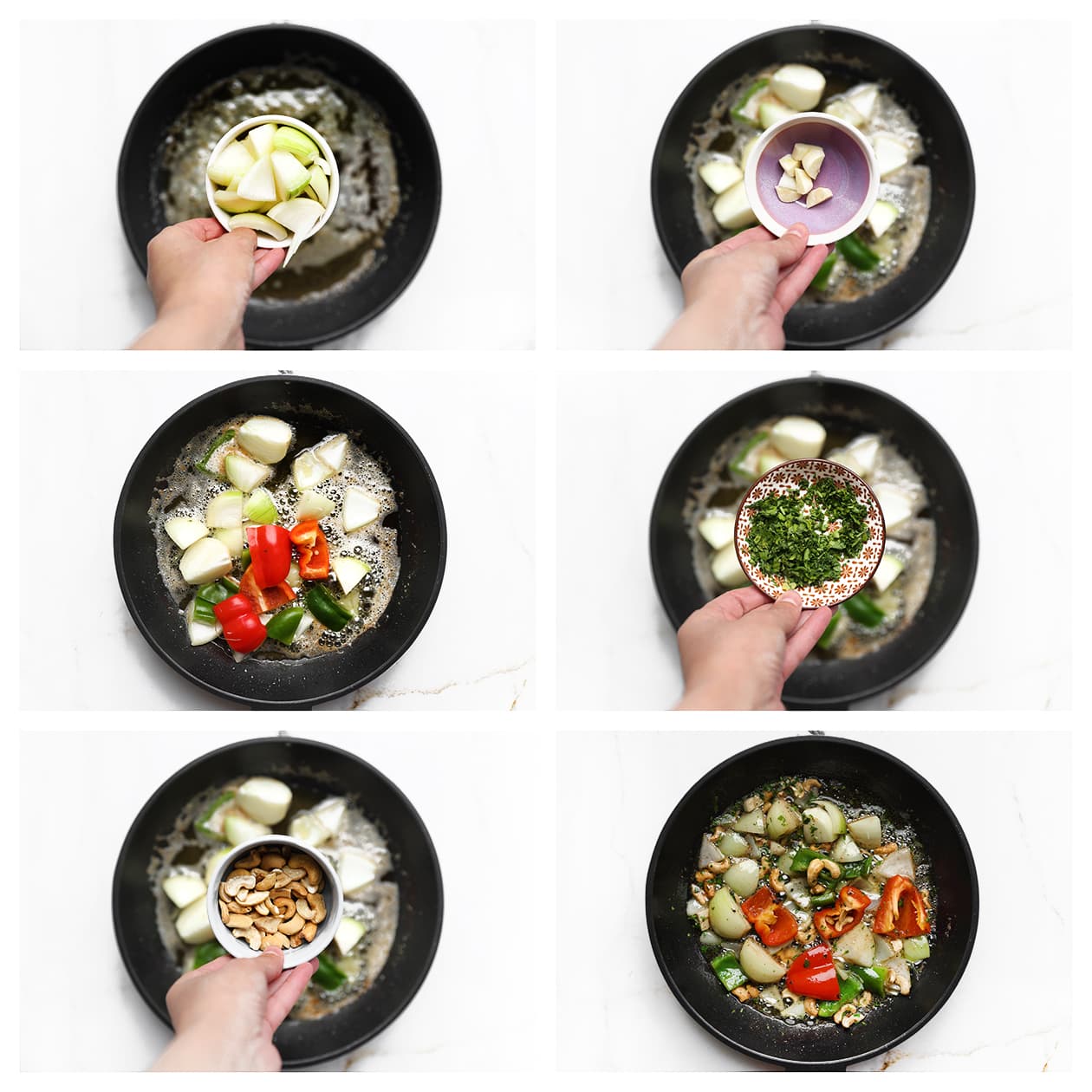 Ui, tomaat, knoflook, koriander, paprika en cashewnoten bakken in olijfolie en roomboter