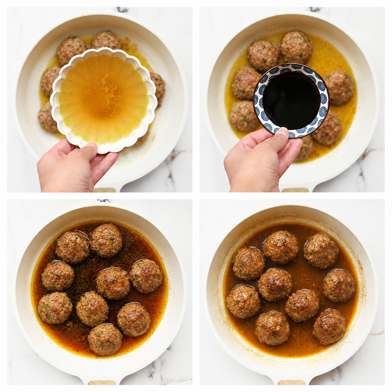 Gehaktballen zachtjes laten sudderen in bouillon en ketjap manis