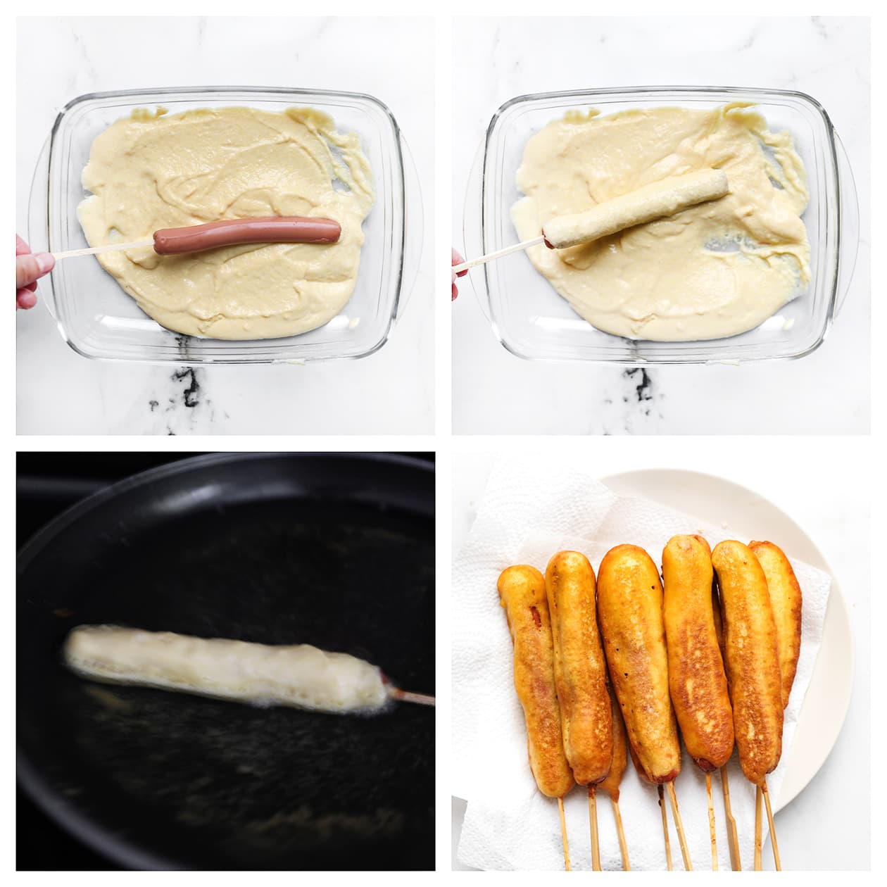 Hotdog dippen in dik corn dog beslag
