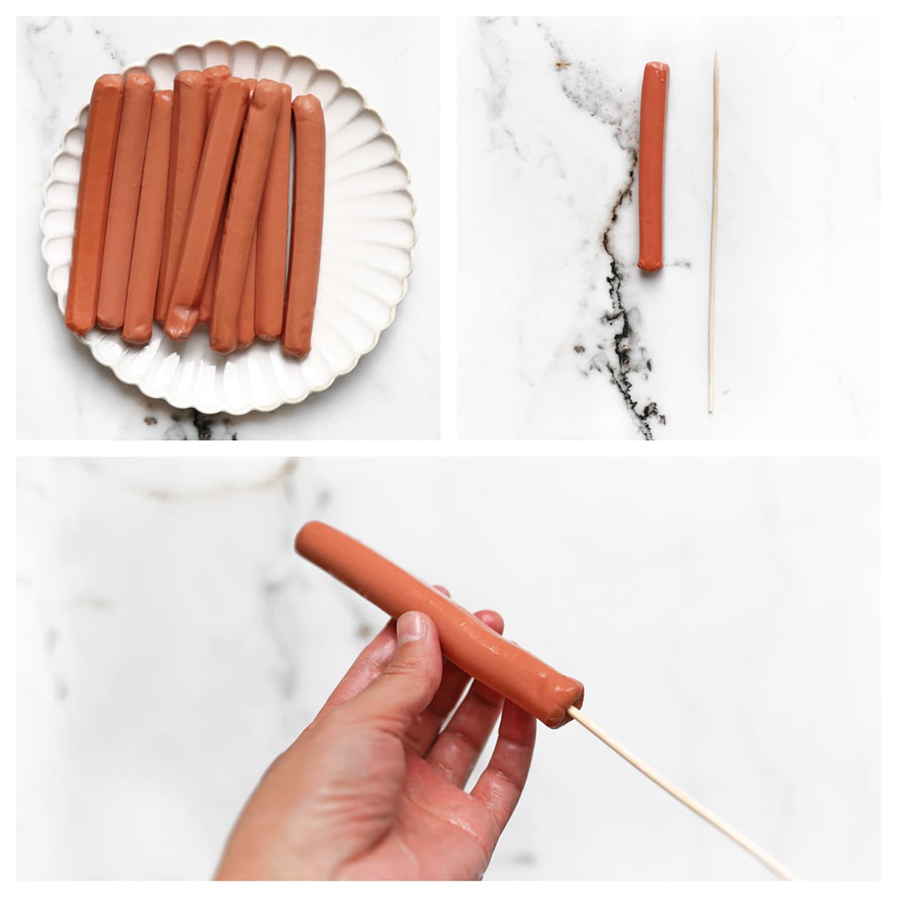 Hotdogs op prikkers voor corn dogs