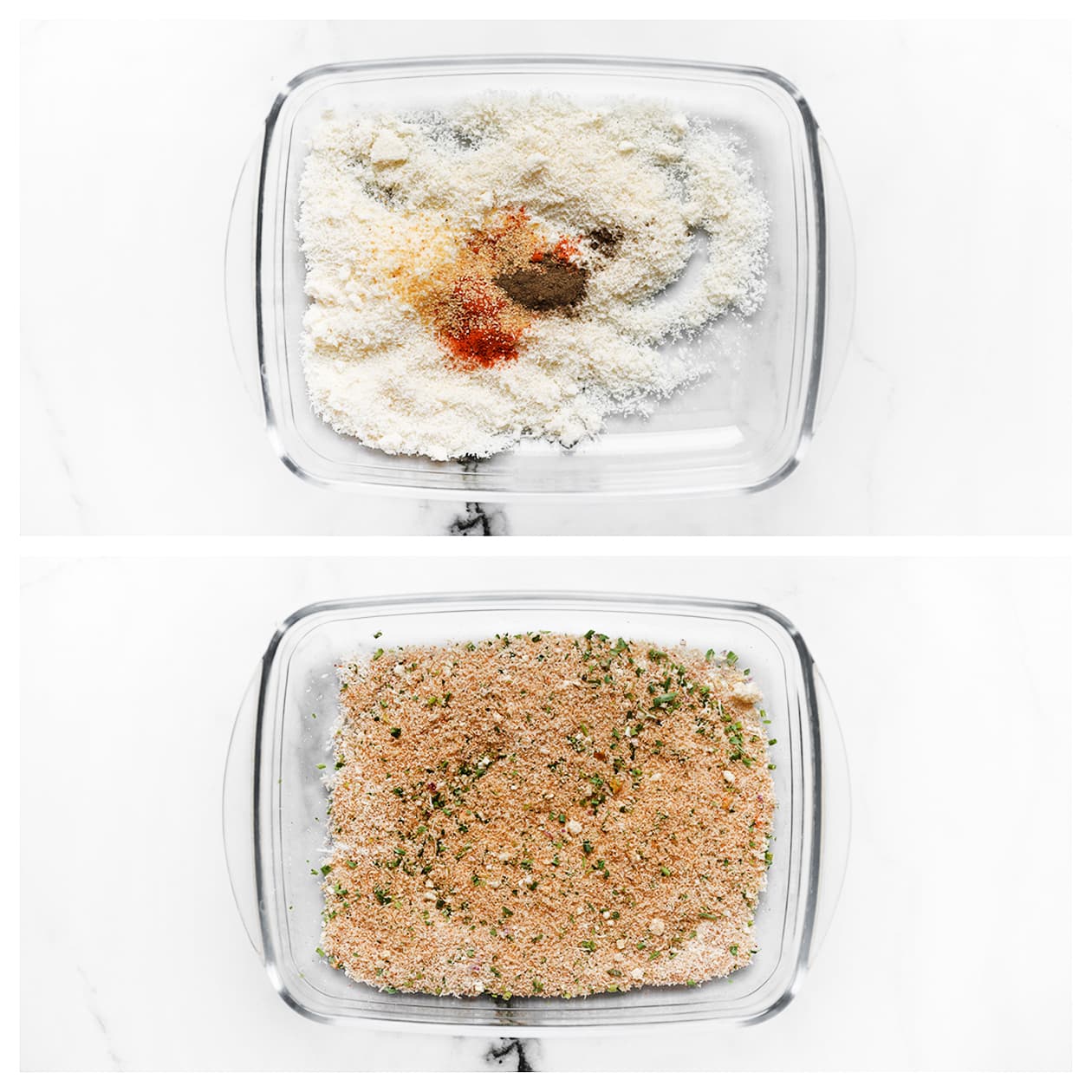 Geraspte Parmezaanse kaas met cayennepeper, uienpoeder en peterselie