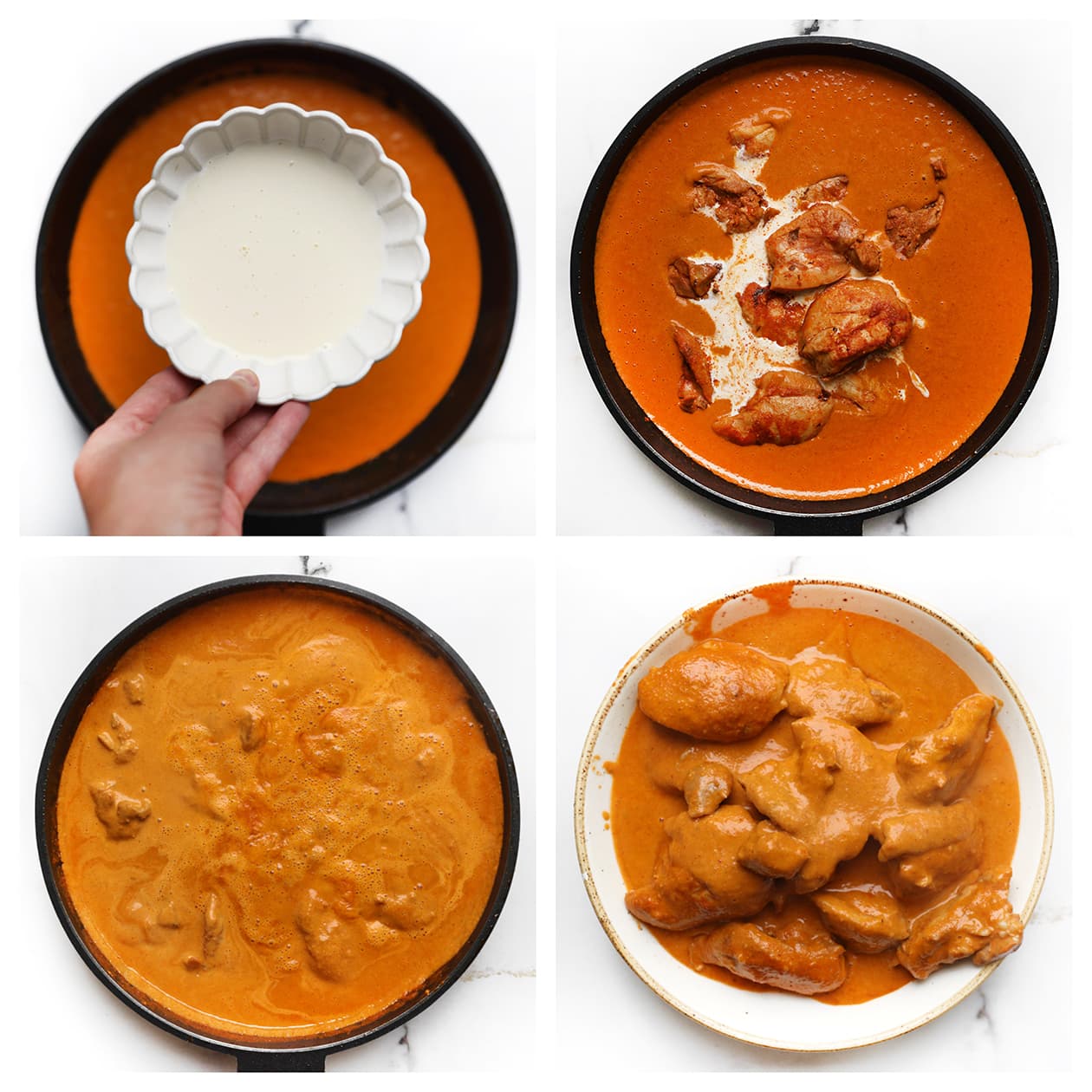 Malse kippendijen met slagroom in een romige kruidige tomatensaus
