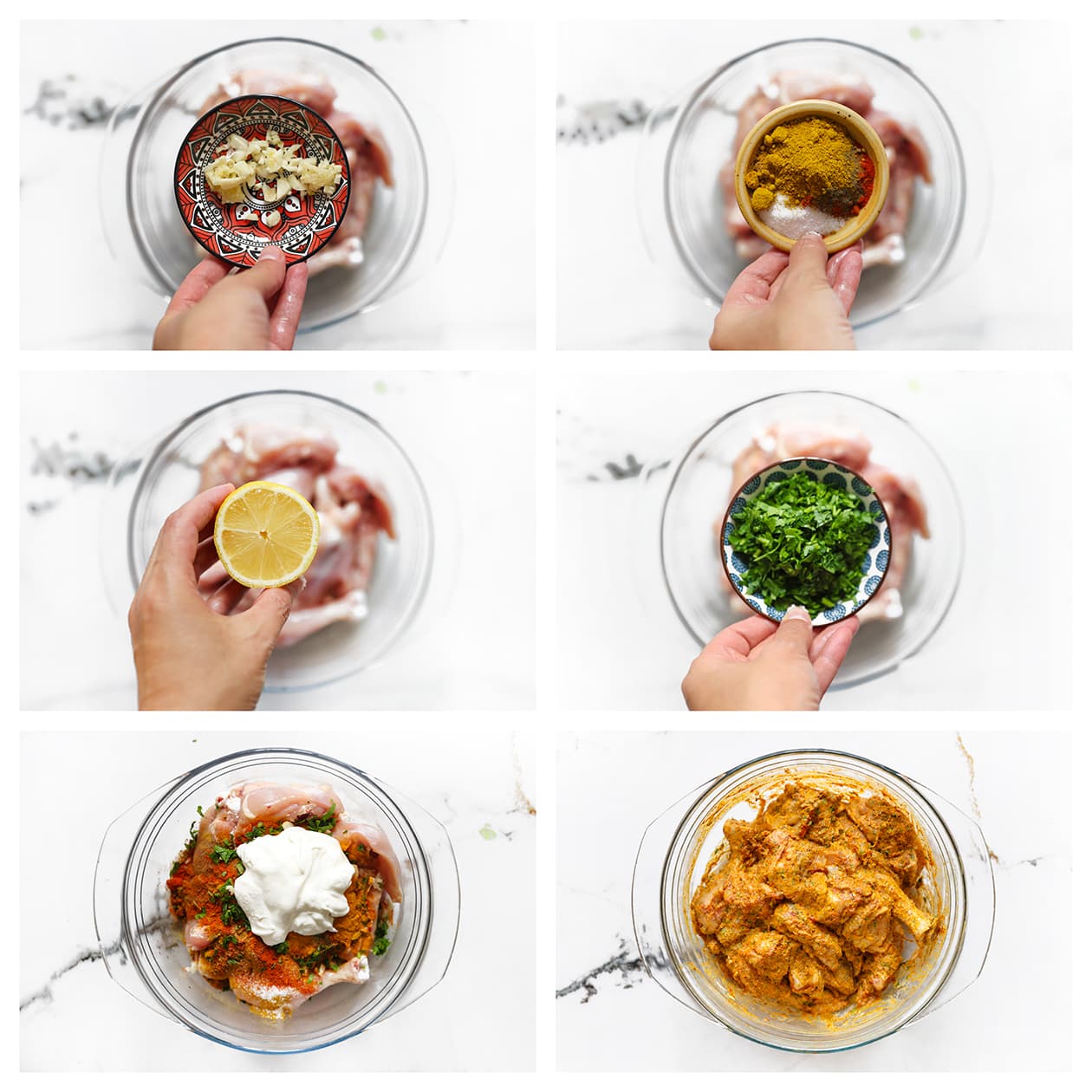 Stukken kip gemengd met yoghurt, knoflook en kruiden voor kip biryani