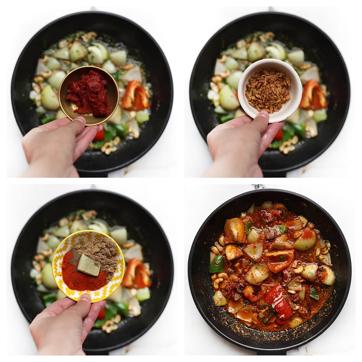 Tomatenpuree, crème fraîche en specerijen worden toegevoegd aan de gebakken groenten voor kip kabsa