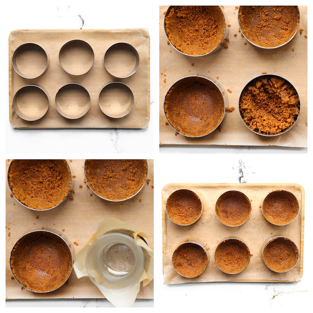 Biscoff-koekjesmengsel aandrukken op de bodem en zijkanten van ronde bakringen.