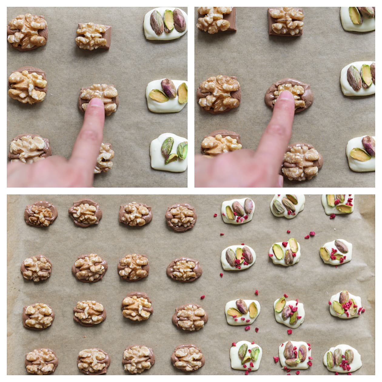 Walnoten, pistachenoten en hazelnoten in zacht geworden chocoladeblokjes drukken.