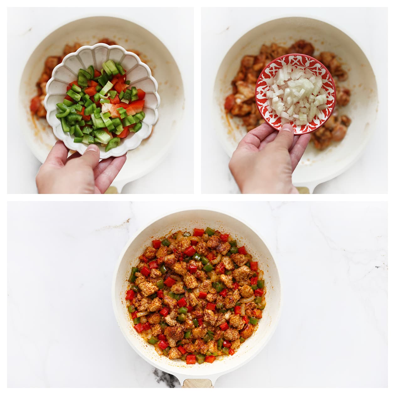 Paprika en ui bakken met gekruide kip
