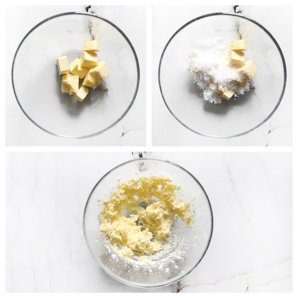 Zachte roomboter met witte basterdsuiker en zout mixen voor het deeg van appelkruimeltaart