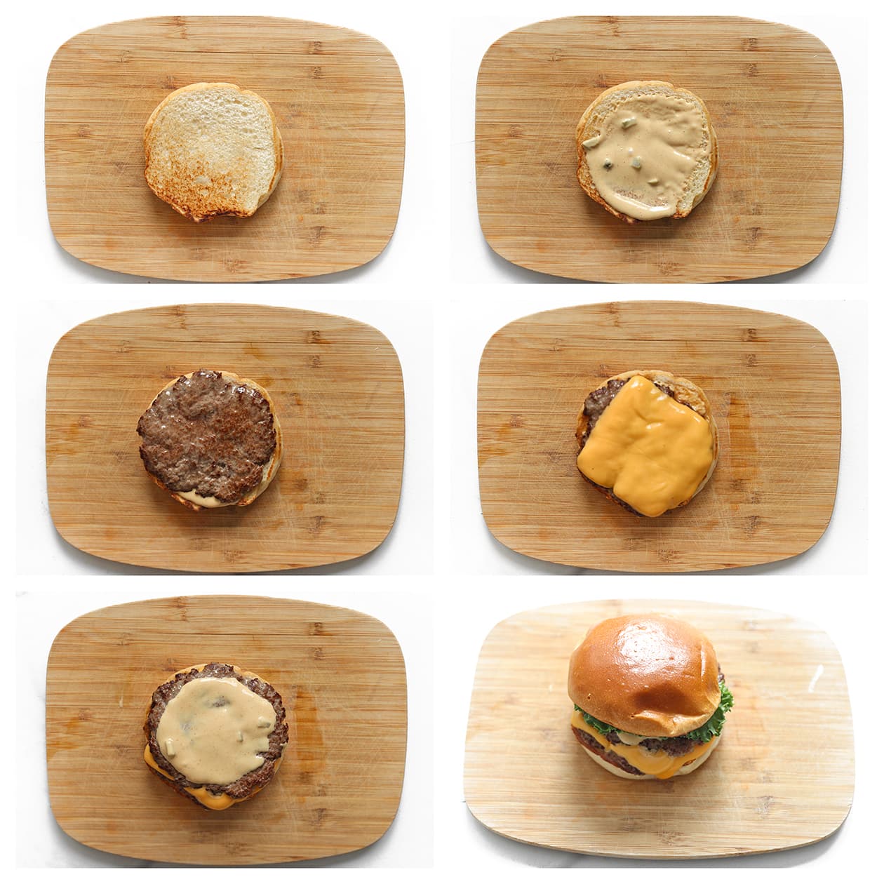 Smashburger met cheddar, burgersaus, augurk en ui op hamburgerbroodje