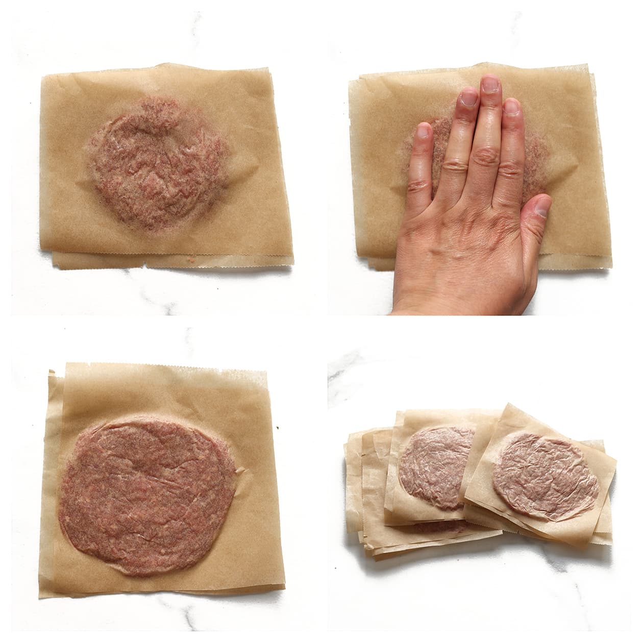 Dunne smashburgers op bakpapier klaargemaakt om te bakken