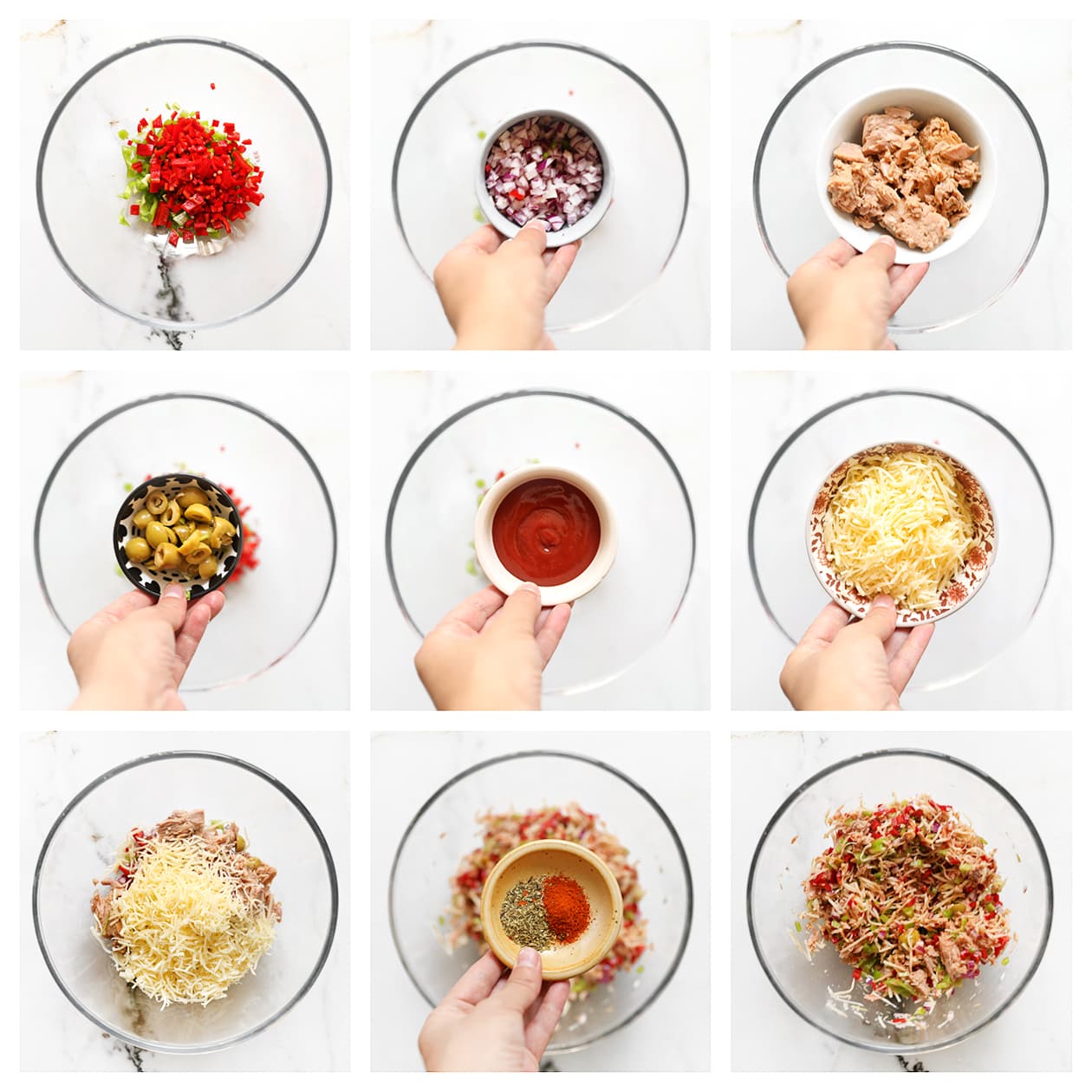 Tonijnmengsel met paprika, rode ui, olijven en kaas voor broodjes
