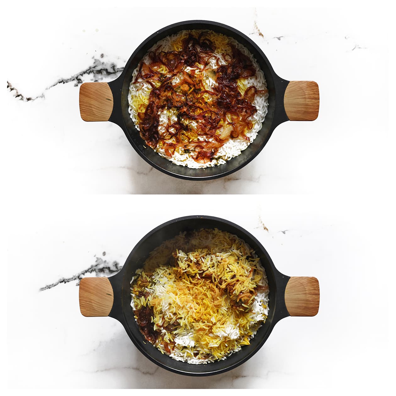 Zelfgemaakte kip biryani met gekruide kip, basmatirijst, saffraan en gebakken ui