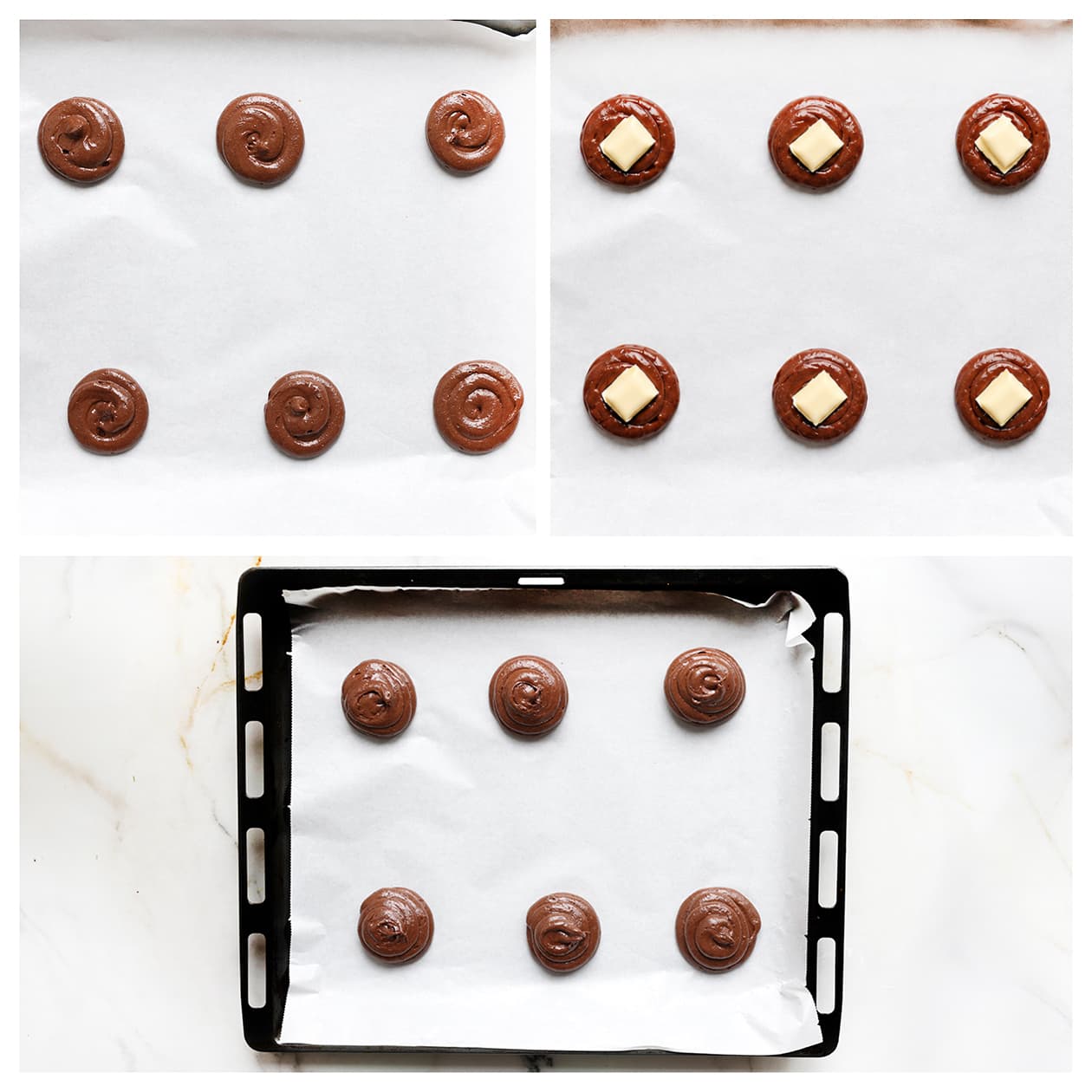 Browniekoekjesbeslag in kleine hoopjes op een met bakpapier beklede bakplaat spuiten.