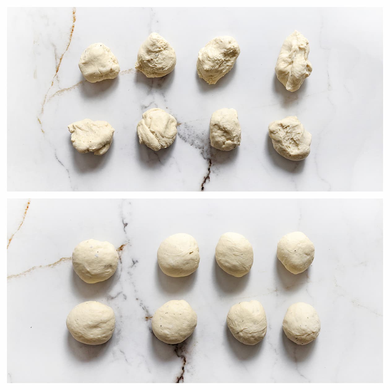Gelijke bolletjes brooddeeg op het werkblad voor gevulde chicken tikka masala broodjes
