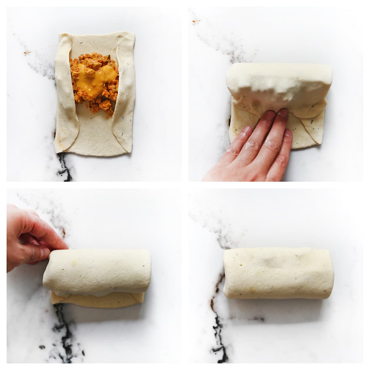 Deeg wordt om de gekruide kipvulling gevouwen om een gevuld chicken tikka masala broodje te vormen