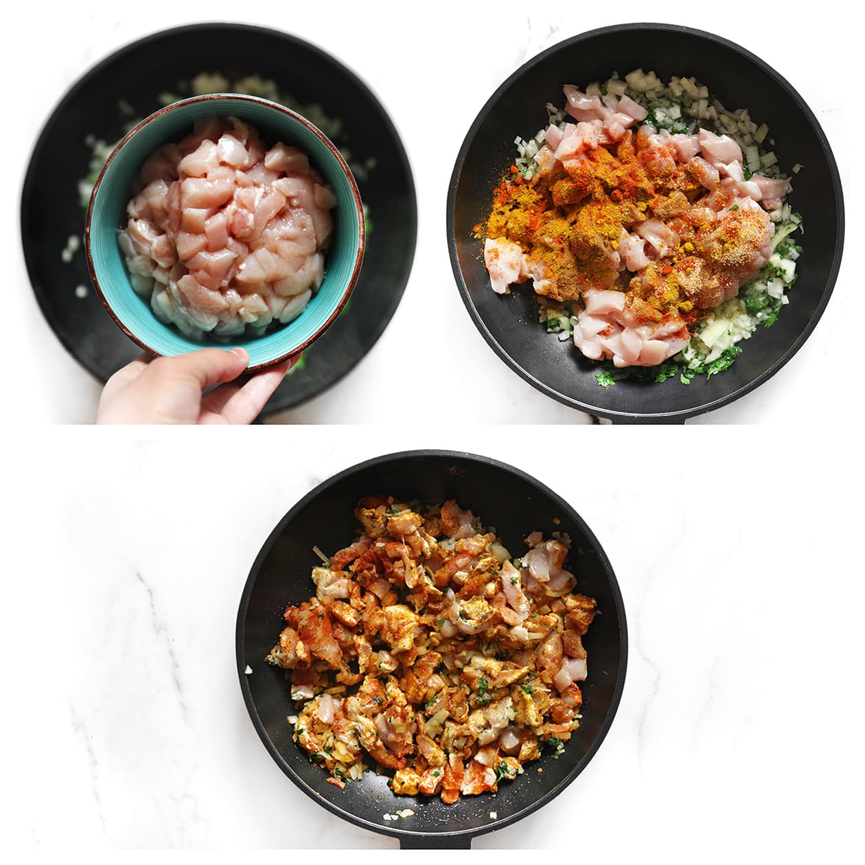 Stukjes kip met ui en tikka masala kruiden die worden gebakken in een koekenpan