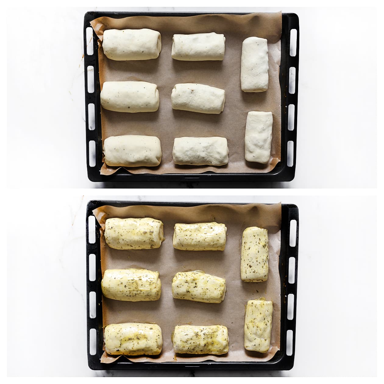 Gevulde kipbroodjes worden met een bakkwast bestreken voordat ze de oven in gaan